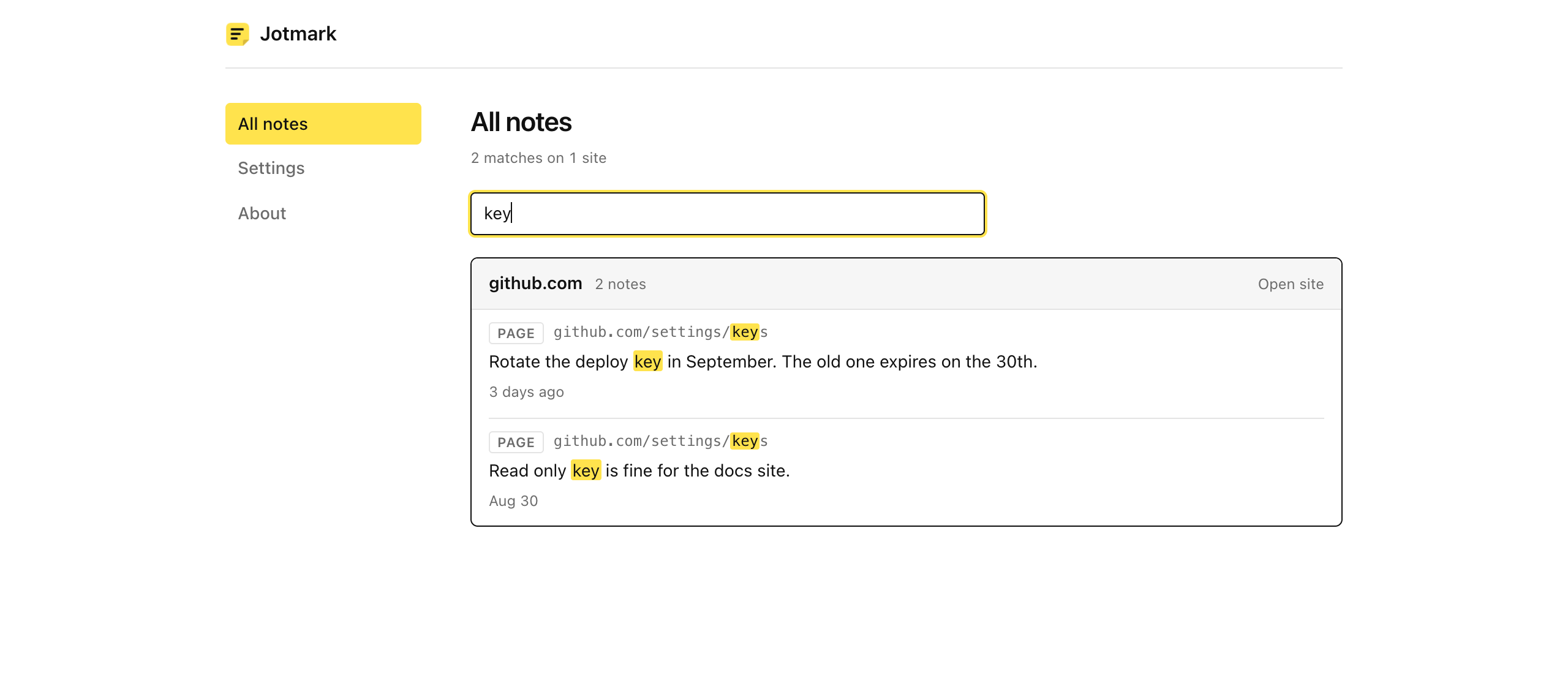 The All notes page. A search for the word key shows two matching notes on github.com with the matches highlighted.